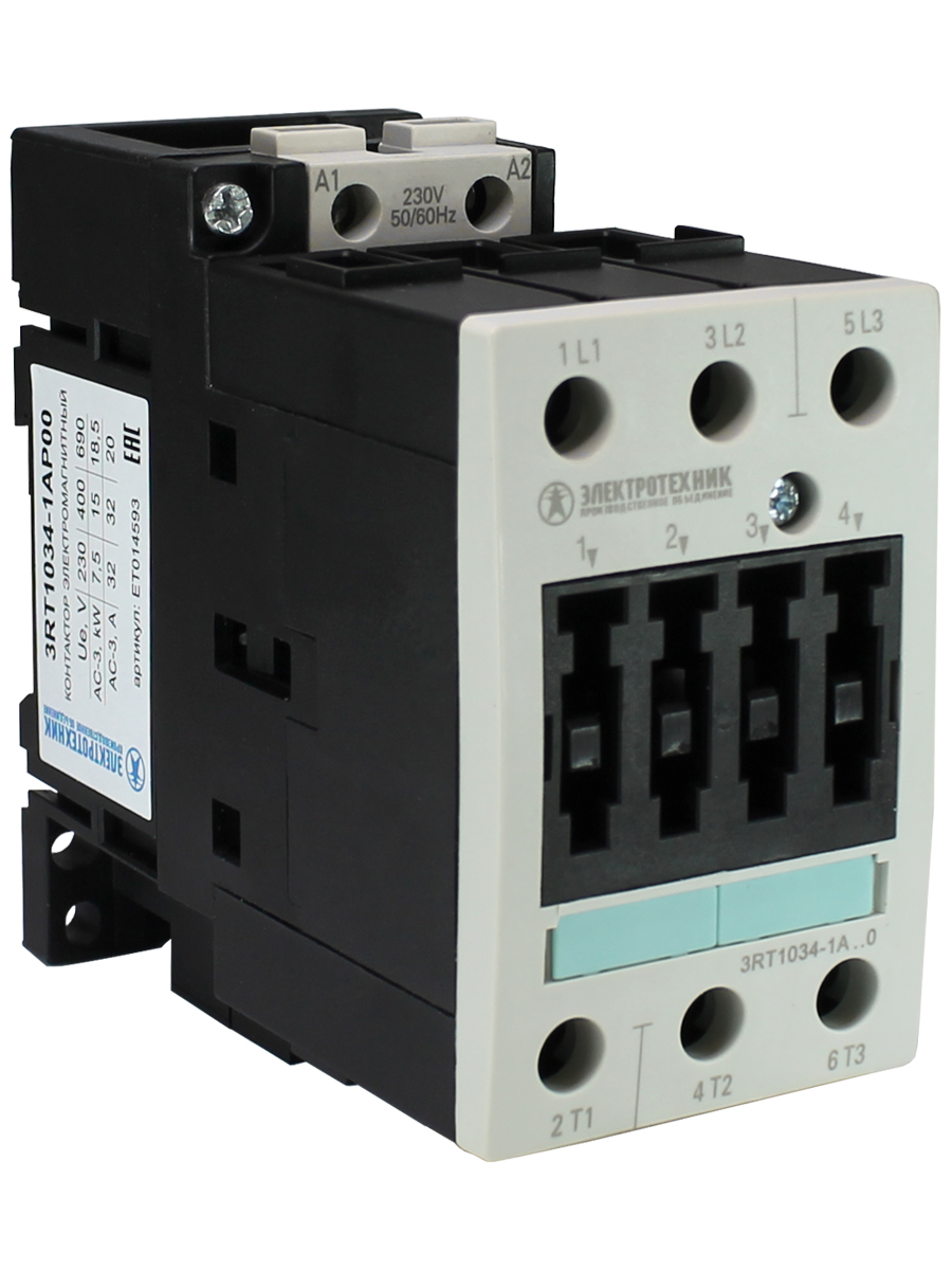 3RT1034-1AP00, 3-пол., 32A, AC-3, 15кВт/400V, 230V AC, 50/60Гц, типоразмер S2, винтовые клеммы, IP20, контактор электромагнитный  (ЭТ)