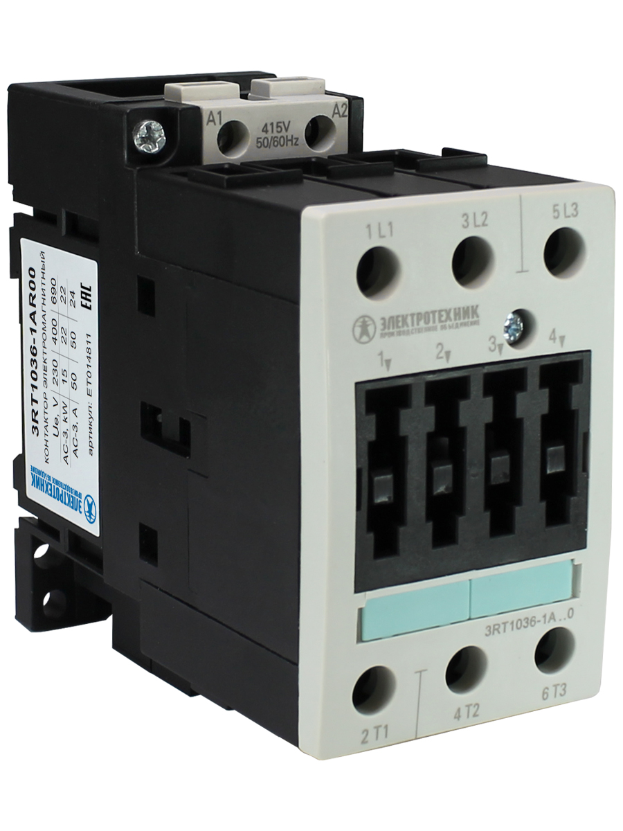 3RT1036-1AR00, 3-пол., 50A, AC-3, 22кВт/400V, 415V AC, 50/60Гц, типоразмер S2, винтовые клеммы, IP20, контактор электромагнитный  (ЭТ)