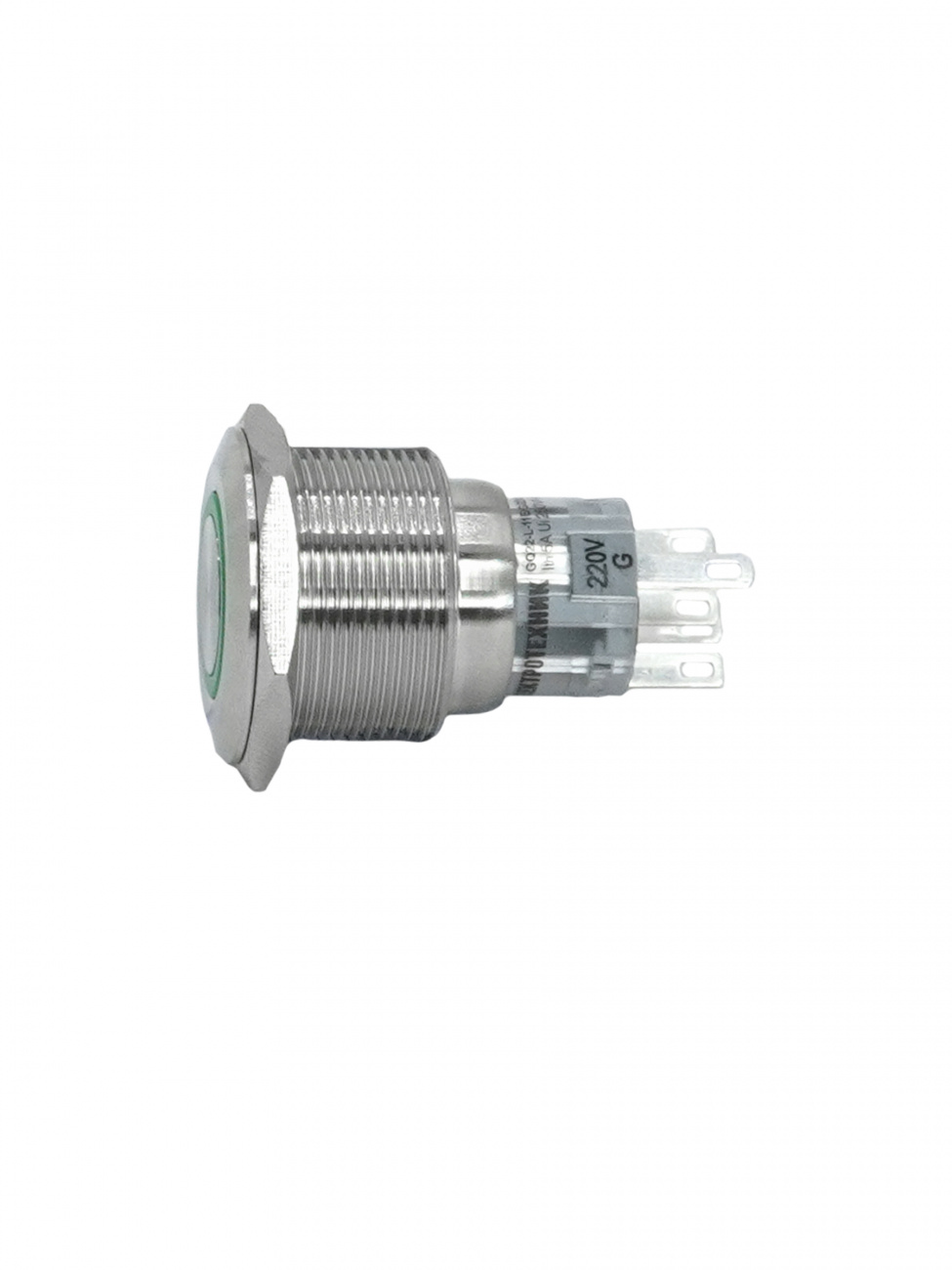 GQ22-L-11E/G/220V/S, зелёный, металл, 1C1NO1NC, цилиндр с подсветкой 220В AC/DC, d22мм, IP65, выключатель кнопочный  (ЭТ)